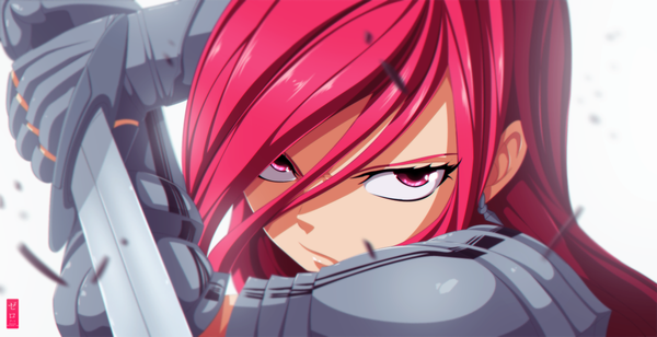 Anime picture 1200x616 with fairy tail erza scarlet zeroooart single long hair simple background wide image white background pink hair pink eyes coloring close-up girl weapon earrings sword armor
