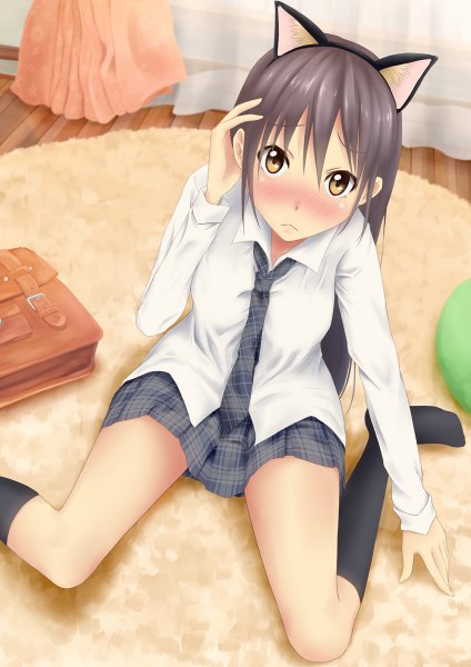 Anime picture 848x1200 with original konkito single long hair tall image looking at viewer blush black hair brown eyes animal ears cat ears girl skirt uniform school uniform shirt socks necktie black socks