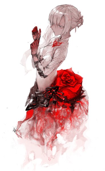 イラスト 811x1318 と シノアリス スノウホワイト(シノアリス) 凌野　深月 ソロ 長身像 前髪 おっぱい 白背景 payot 銀髪 プロフィール grey eyes 女の子 ドレス 手袋 花 白いドレス 薔薇 赤い薔薇 赤い手袋