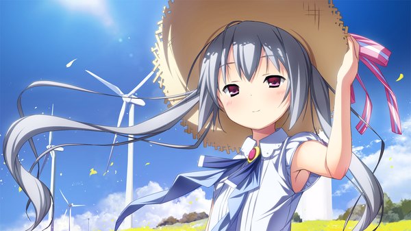 Anime picture 1280x720 with material brave giga kamine mashiro kikuchi seiji long hair blush wide image twintails game cg pink eyes grey hair loli girl hat sundress wind turbine