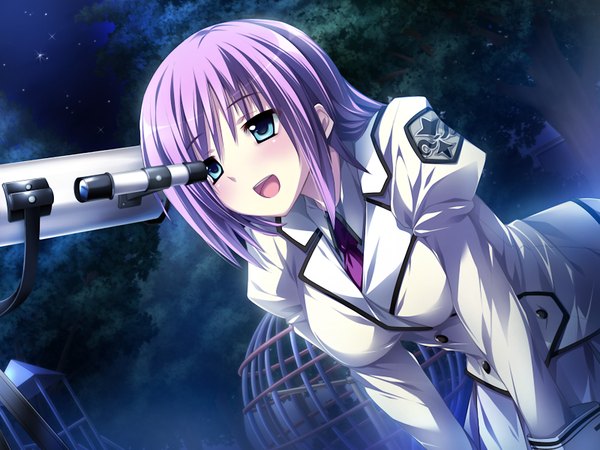 Anime picture 1024x768 with damatte watashi no muko ni nare! short hair open mouth blue eyes game cg purple hair night girl serafuku telescope