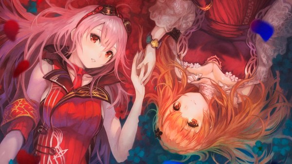Anime picture 1920x1080 with yoru no nai kuni gust (company) arnas (yoru no nai kuni) lyuritis (yoru no nai kuni) yoshiku (oden-usagi) long hair looking at viewer blush fringe highres breasts red eyes wide image large breasts multiple girls pink hair cleavage lying parted lips hair flower
