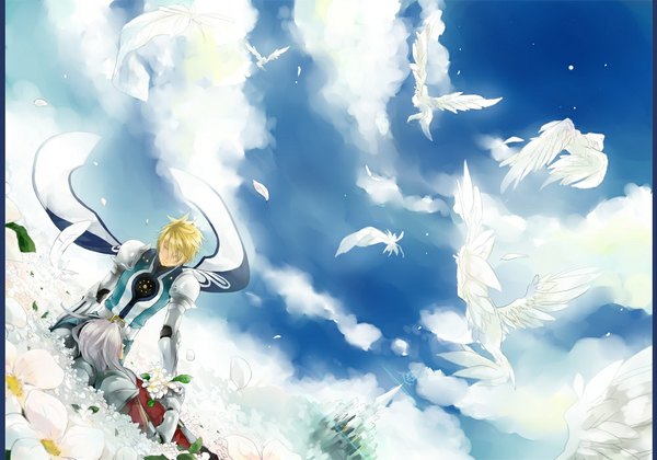 Anime picture 1000x700 with tales of (series) tales of vesperia flynn scifo alexei dinoia tagme (artist) long hair short hair blonde hair holding sky silver hair cloud (clouds) lying eyes closed wind grey hair couple kneeling holding hands boy