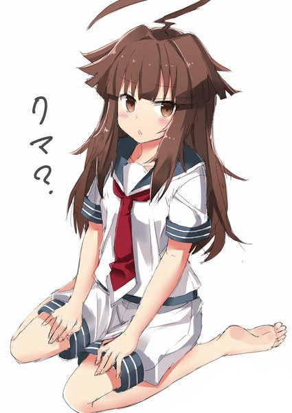 Anime picture 708x1000 with kantai collection kuma light cruiser kuhotaka single long hair tall image looking at viewer blush fringe open mouth simple background brown hair white background sitting brown eyes ahoge barefoot from above text question