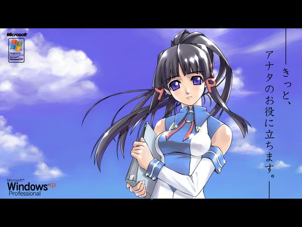 Anime picture 1600x1200 with os-tan windows (operating system) futaba channel windows xp xp-tan (saseko) single long hair looking at viewer fringe purple eyes bare shoulders holding sky cloud (clouds) upper body ponytail blunt bangs head tilt light smile grey hair