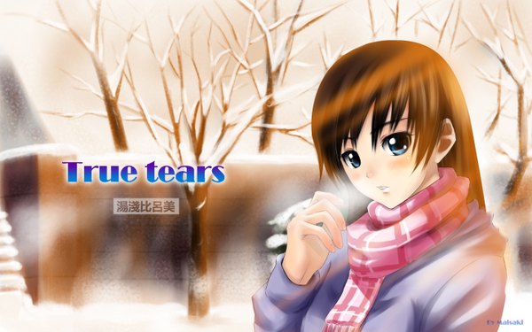 Anime picture 1440x900 with true tears yuasa hiromi maisaki single long hair blush blue eyes brown hair wide image copyright name girl plant (plants) tree (trees) scarf