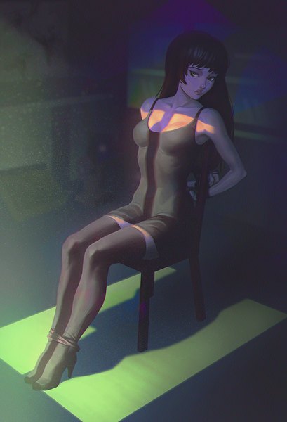 Anime picture 682x1000 with original ilya kuvshinov single long hair tall image fringe black hair sitting green eyes sunlight realistic shadow high heels hands behind back anaglyph bondage girl dress black dress thigh boots