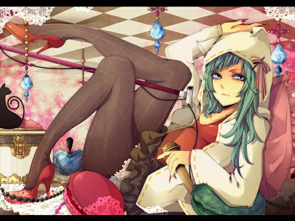 Anime picture 800x600 with vocaloid hatsune miku domco long hair looking at viewer fringe blue eyes bent knee (knees) nail polish fingernails aqua hair open clothes open jacket high heels long fingernails reclining checkered girl skirt animal