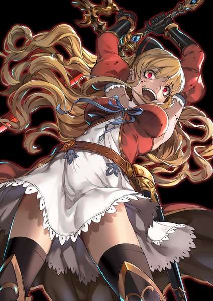 Anime picture 700x990 with granblue fantasy vira lilie mikurou (nayuta) single long hair tall image breasts open mouth blonde hair simple background red eyes ponytail :d arms up from below armpit (armpits) black background blood on face bloody clothes blood stains