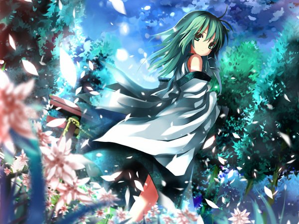Anime picture 1440x1080 with touhou kochiya sanae bare shoulders green eyes sky green hair girl flower (flowers) plant (plants) detached sleeves petals tree (trees)