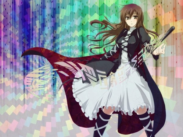 Anime picture 1024x768 with touhou hijiri byakuren tagme (artist) tenjou kai single long hair looking at viewer fringe hair between eyes brown hair brown eyes parted lips gradient hair girl thighhighs dress knee boots sorcerer's sutra scroll