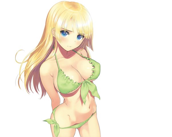 Anime picture 2000x1600 with tony taka single long hair looking at viewer fringe highres breasts blue eyes light erotic blonde hair simple background standing white background game cg from above hands behind back girl navel underwear panties