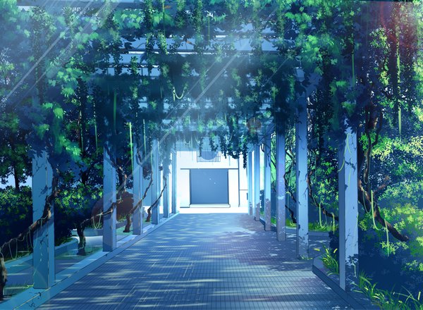 Anime picture 1529x1123 with original xingyue ling outdoors sunlight no people sunbeam plant (plants) tree (trees) grass pillar road park