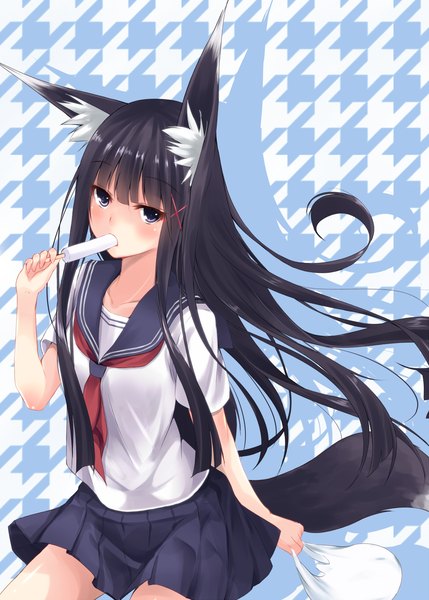 Anime picture 1000x1399 with original second heaven single long hair tall image blush blue eyes black hair animal ears animal tail girl serafuku food sweets ice cream