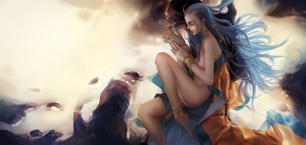 Anime picture 1920x912 with original furenxiao long hair highres light erotic wide image signed blue hair lying eyes closed traditional clothes barefoot from above legs on side girl ribbon (ribbons) hair ribbon earrings water