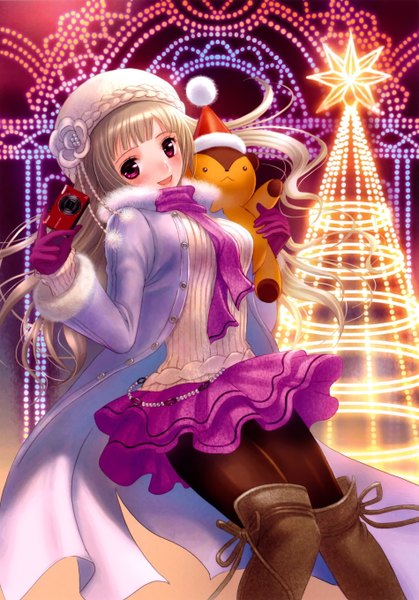Anime picture 1899x2716 with original amajio komeko single long hair tall image looking at viewer blush fringe highres open mouth blonde hair standing purple eyes holding payot blunt bangs head tilt :d pleated skirt wind