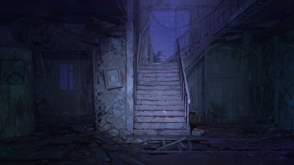 Anime picture 1920x1080 with everlasting summer iichan eroge arsenixc highres wide image game cg dark background no people ruins broken plant (plants) window stairs potted plant picture door torch abandoned building