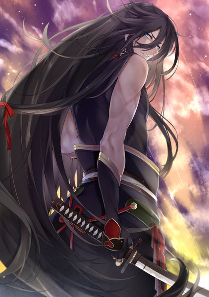 Anime picture 638x906 with touken ranbu nitroplus izuminokami kanesada rayn single tall image fringe blue eyes black hair hair between eyes very long hair traditional clothes from below sleeveless turning head evening sunset boy gloves weapon