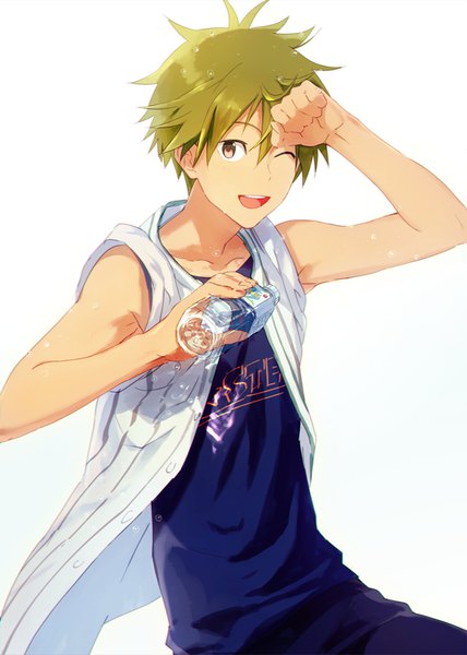 Anime picture 600x840 with idolmaster idolmaster side-m akiyama hayato map (map imas) single tall image looking at viewer fringe short hair simple background hair between eyes white background brown eyes one eye closed green hair wet boy vest water bottle