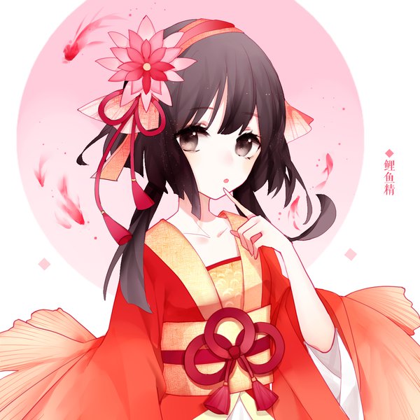 Anime picture 1400x1400 with onmyoji liyu jing yu jiu single looking at viewer fringe short hair black hair upper body traditional clothes japanese clothes black eyes wide sleeves :o finger to mouth girl hair ornament flower (flowers) animal obi