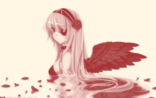 Anime picture 2560x1600 with misaki kurehito single long hair highres blonde hair wide image angel girl petals wings hairband eyepatch