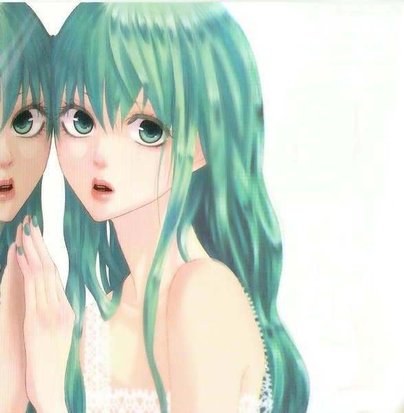 Anime picture 921x942 with vocaloid hatsune miku yunomi (yunomi imonuy) single long hair tall image looking at viewer fringe open mouth simple background white background nail polish aqua eyes fingernails aqua hair reflection close-up aqua nail polish girl mirror