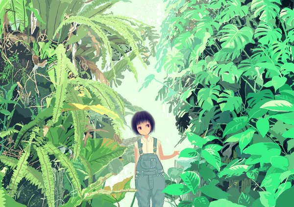 Anime picture 1754x1240 with original hyotan (artist) single fringe highres short hair standing purple eyes looking away purple hair girl plant (plants) leaf (leaves) blouse overalls