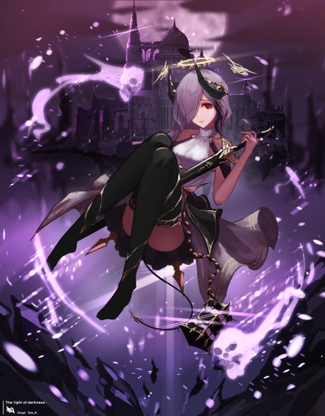 Anime picture 4031x5157 with original see n single long hair tall image looking at viewer fringe highres breasts light erotic red eyes large breasts holding signed absurdres purple hair full body bent knee (knees) tail arm up