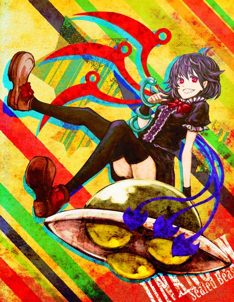 Anime picture 1200x1550 with touhou houjuu nue akasia single tall image short hair smile red eyes sitting purple hair ahoge grin girl thighhighs black thighhighs wings boots wristlet spacecraft ufo