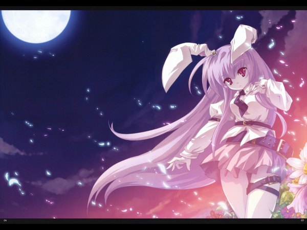 Anime picture 1600x1200 with looking at viewer purple eyes purple hair very long hair bunny ears girl necktie moon