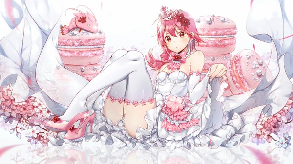 Anime picture 1600x900 with sergestid shrimp in tungkang xuan ying phino (jinko0094) single long hair looking at viewer light erotic red eyes wide image pink hair cherry blossoms girl thighhighs dress flower (flowers) white thighhighs white dress crown cookie (cookies) macaron