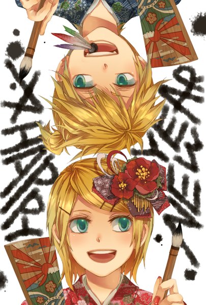 Anime picture 1181x1748 with vocaloid kagamine rin kagamine len ena1215 tall image short hair open mouth blonde hair hair flower aqua eyes mouth hold hieroglyph upside down calligraphy girl boy hair ornament hairclip paintbrush calligraphy brush
