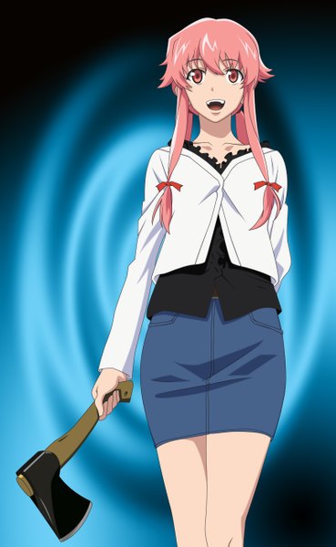 Anime picture 800x1300 with mirai nikki gasai yuno smile (rz) single long hair tall image looking at viewer open mouth red eyes pink hair girl skirt bow weapon hair bow axe