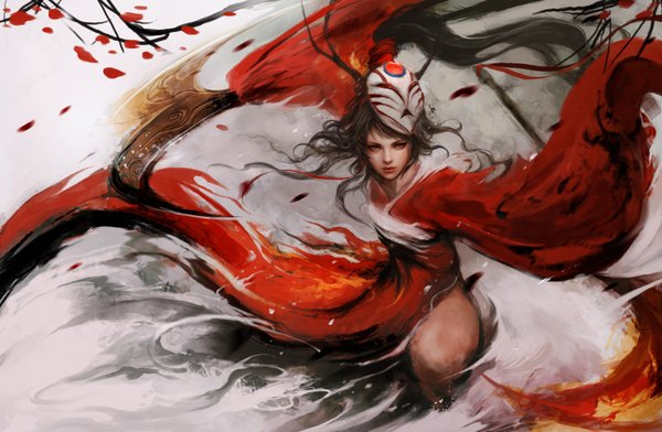 Anime picture 1528x1000 with league of legends akali (league of legends) muju single looking at viewer fringe black hair holding bent knee (knees) ponytail very long hair traditional clothes horn (horns) lips blurry realistic grey background wide sleeves orange eyes alternate costume