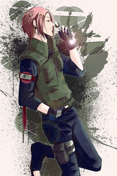 Anime picture 833x1253 with naruto studio pierrot naruto (series) haruno sakura hanyouda single tall image short hair standing looking away pink hair profile sparkle standing on one leg hand in pocket genderswap boy gloves weapon black gloves