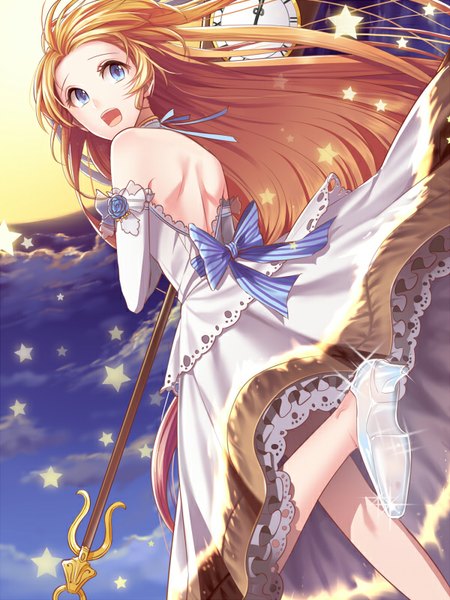 Anime picture 600x800 with original carchat single long hair tall image fringe open mouth blue eyes blonde hair looking away cloud (clouds) looking back from behind from below back bare back glow running girl dress