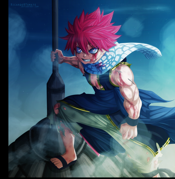 Anime picture 2000x2046 with fairy tail natsu dragneel ric9duran single tall image highres short hair pink hair pink eyes night sky sleeveless grin coloring torn clothes muscle angry boy scarf blood star (stars)