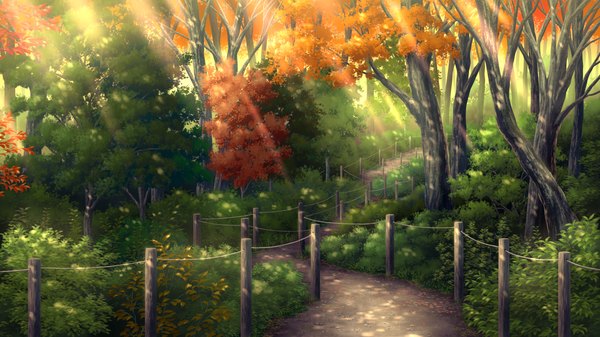 Anime picture 2048x1152 with guardian place skyfish (studio) highres wide image game cg landscape nature plant (plants) tree (trees) fence path