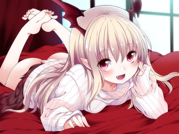 Anime picture 1000x750 with shingeki no bahamut granblue fantasy vampy fujisaki hikari single long hair looking at viewer blush open mouth light erotic blonde hair full body ass indoors lying long sleeves :d pink eyes barefoot pointy ears