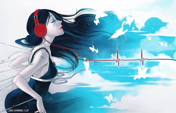 Anime picture 1400x900 with original qinni (artist) single long hair blue eyes black hair profile lips tattoo lipstick girl dress headphones insect butterfly wire (wires) musical note doll (dolls) android