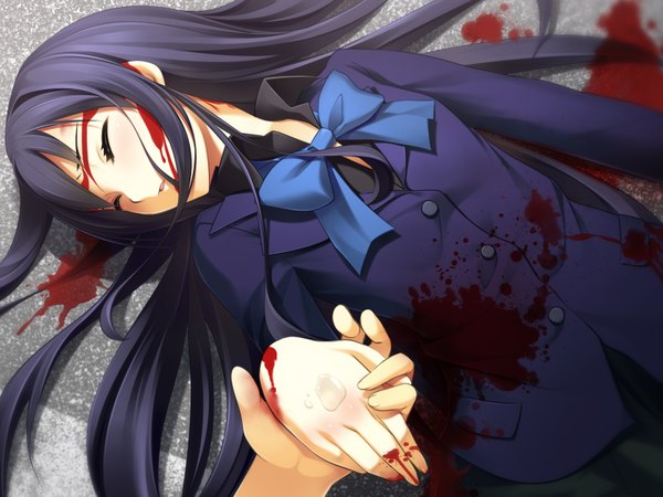 Anime picture 1600x1200 with accel world sunrise (studio) kuroyukihime oogure haruka long hair black hair eyes closed girl uniform school uniform bowtie blood