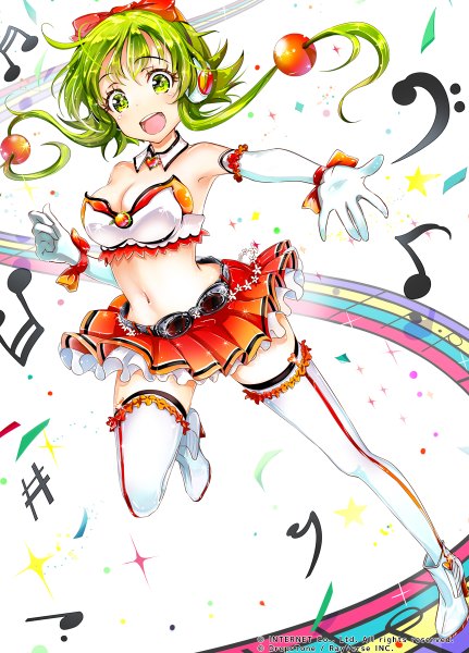 Anime picture 862x1200 with vocaloid gumi keepout single tall image looking at viewer blush fringe short hair breasts open mouth light erotic smile standing white background bare shoulders green eyes full body green hair bare belly