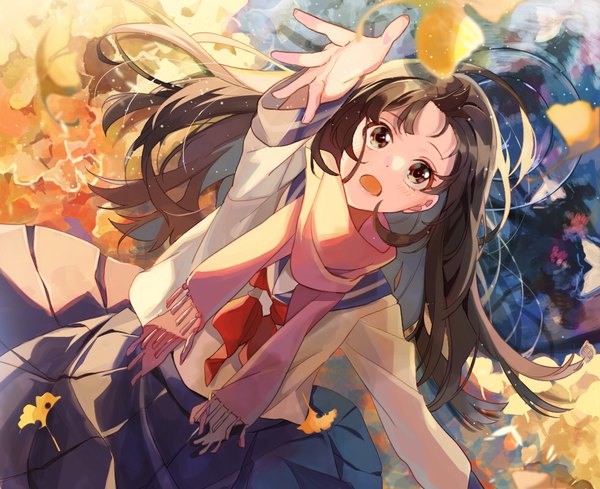 Anime picture 981x800 with original omutatsu single long hair open mouth brown hair brown eyes ahoge from above looking up outstretched hand autumn ripples girl uniform water serafuku scarf leaf (leaves) autumn leaves