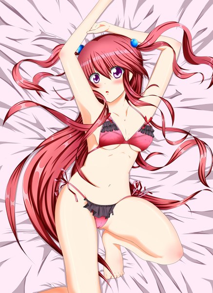 Anime picture 2550x3501 with original kamimamu single long hair tall image blush highres light erotic red eyes purple eyes red hair girl navel swimsuit bikini red bikini