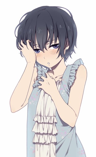 Anime picture 500x813 with original mattaku mousuke single tall image looking at viewer blush fringe short hair blue eyes black hair simple background white background parted lips embarrassed sleeveless hand on chest hand on face girl dress frills