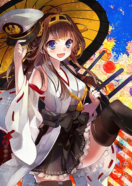 Anime picture 614x868 with kantai collection kongou battleship musou yuchi single long hair tall image looking at viewer fringe breasts blue eyes brown hair holding ahoge bent knee (knees) traditional clothes japanese clothes pleated skirt wide sleeves happy nontraditional miko