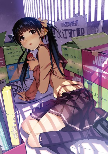 Anime picture 1344x1920 with vania600 single long hair tall image looking at viewer blush open mouth black hair twintails brown eyes tears girl bow hair bow socks black socks box