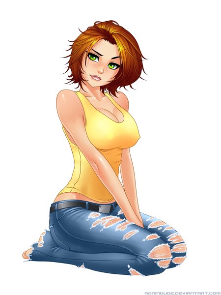 Anime picture 3000x4000 with ronin dude (ray cornwell) single tall image looking at viewer highres short hair breasts light erotic simple background white background green eyes orange hair girl belt t-shirt jeans blue jeans torn jeans