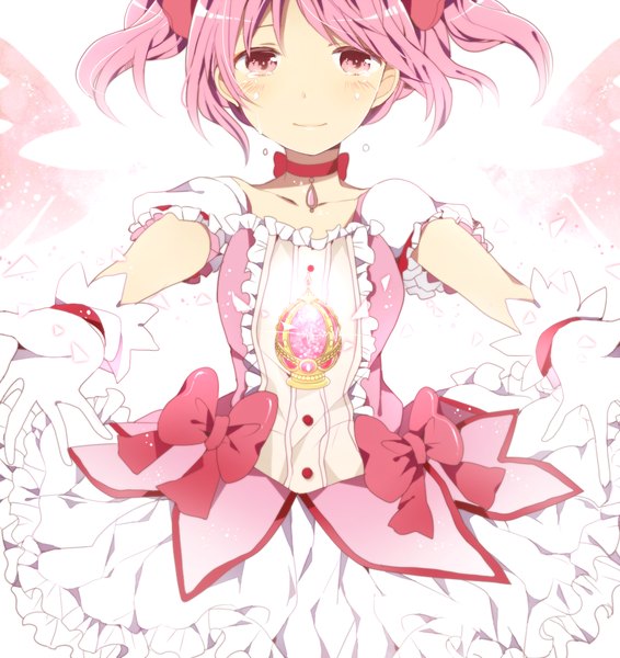 Anime picture 1020x1080 with mahou shoujo madoka magica shaft (studio) kaname madoka single tall image blush fringe short hair simple background smile white background twintails pink hair pink eyes tears glowing short twintails girl dress gloves