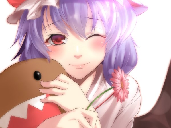 Anime picture 1600x1200 with touhou remilia scarlet domo-kun yamane akira single looking at viewer blush short hair red eyes purple hair one eye closed light smile wink girl flower (flowers) wings bonnet